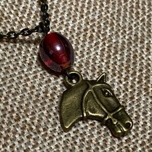 Horse Head Vintage Red Glass Bead Necklace 18” One of a kind
